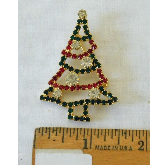 Christmas Vintage Open Tree Pin Brooch Green Red Crystal Prong Set Rhinestones - Picture 2 of 4